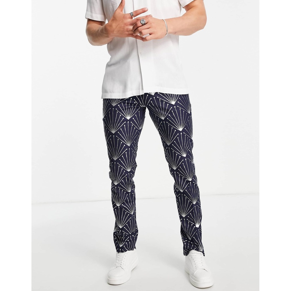 Twisted Tailor Trousers Mens 34x31 Navy Silver Metallic Fan Print Slim Excellent